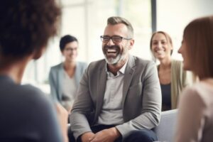 Man laughing on the About ALANA Recovery web page.